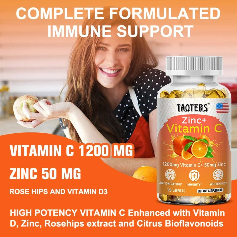 Taoters Supplément Vitamine C + Zinc - Haute Absorption - Système immunitaire, Vitamines pour la santé de la peau - Supplément Antioxydant
