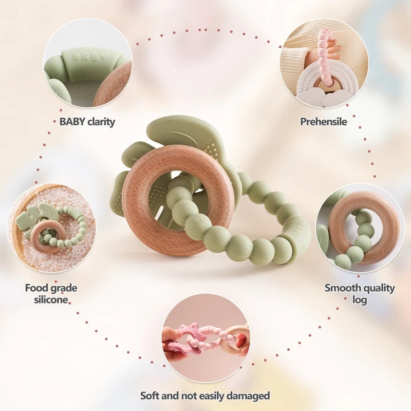 Anneau de dentition en Silicone pour bébé, 1 pièce, sans BPA, Bracelet en Silicone, feuille, jouets de dentition, anneau en bois, dent d'allaitement, jouets cadeaux pour nouveau-né