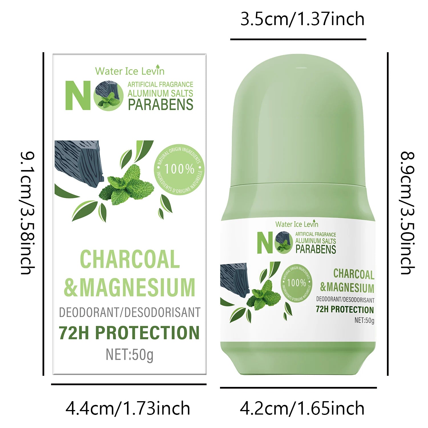 Bâton déodorant naturel Water Ice Levin – Protection 72H, charbon de bois et magnésium, sans aluminium.