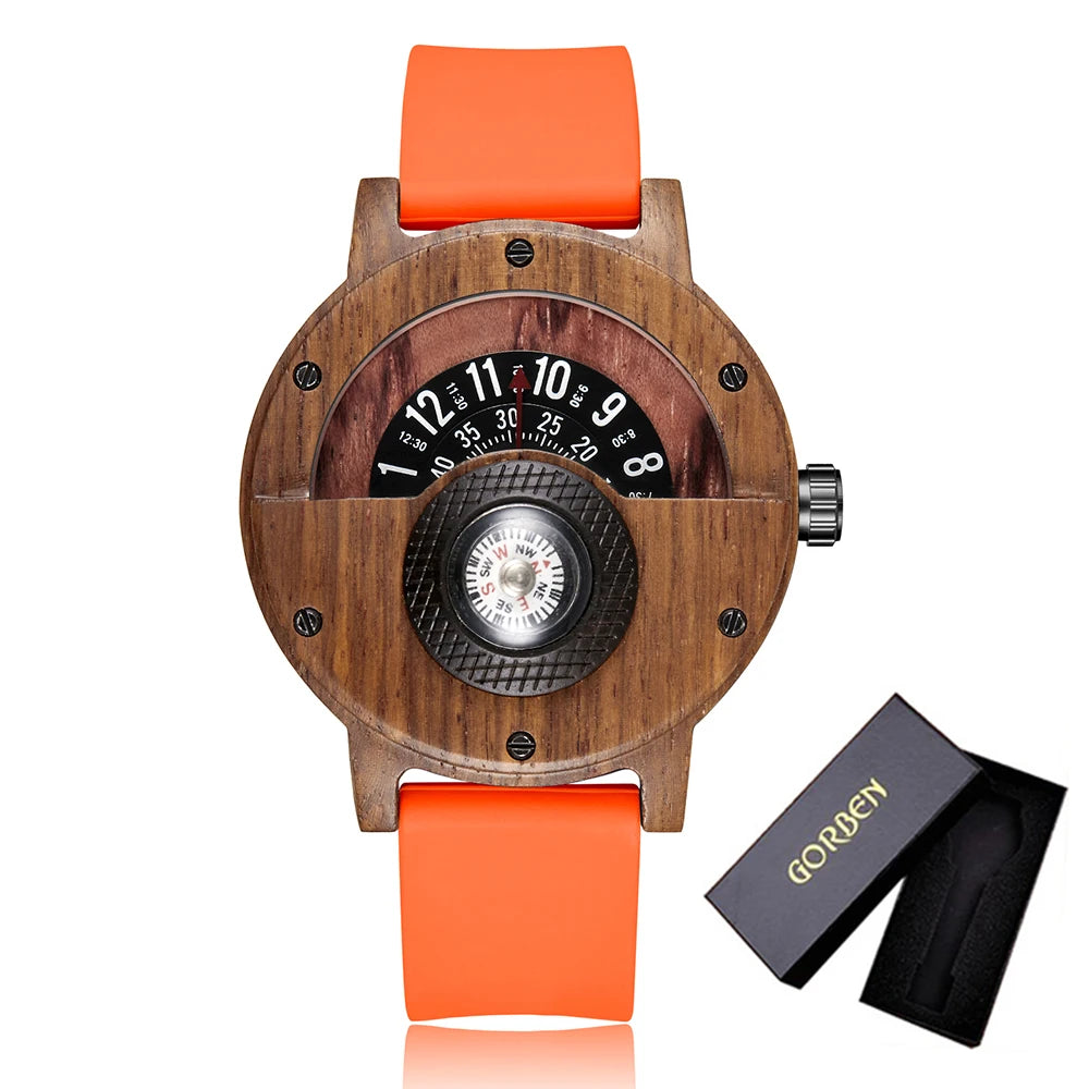 Montre en bois naturel pour hommes, Table rotative, cadran boussole, véritable bois de noyer, ébène, bambou, Concept marron, montre à Quartz
