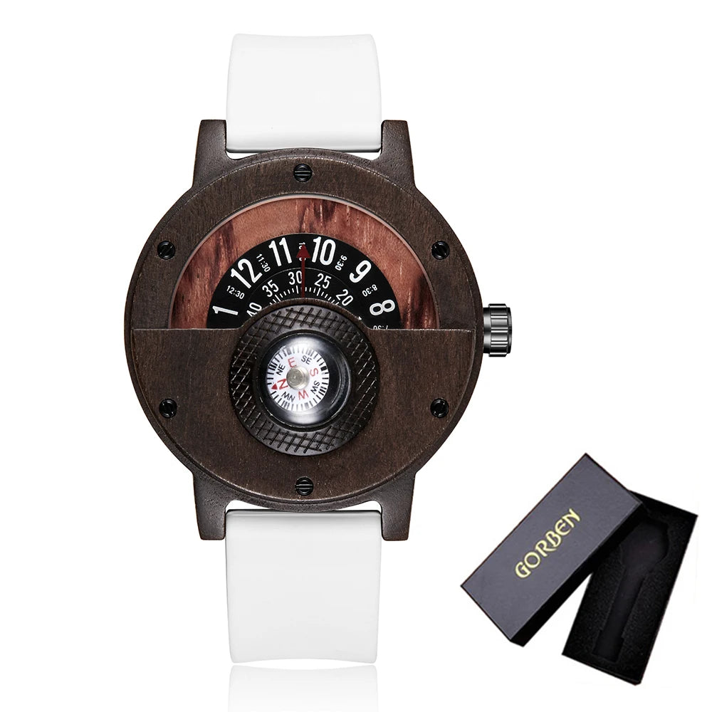 Montre en bois naturel pour hommes, Table rotative, cadran boussole, véritable bois de noyer, ébène, bambou, Concept marron, montre à Quartz