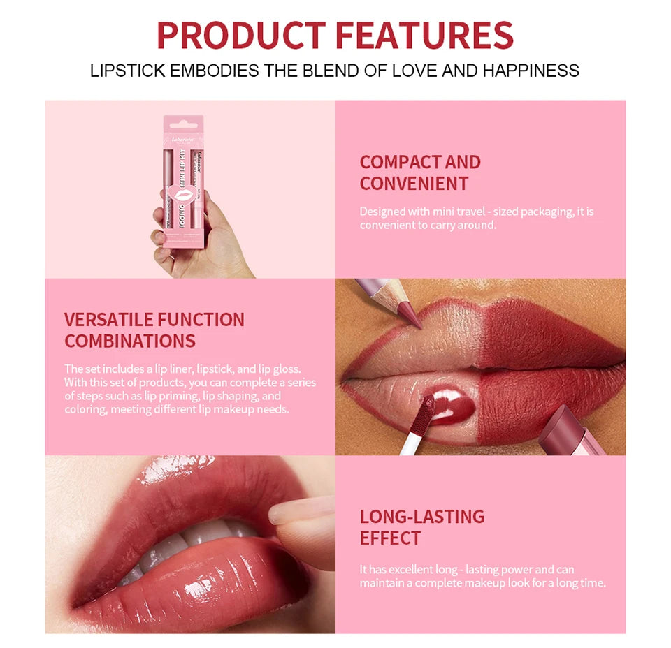 Ensemble de crayons à lèvres et rouge à lèvres, 3 pièces/ensemble, imperméable, longue durée, maquillage mat, Mini ensemble de voyage, cosmétiques pour femmes
