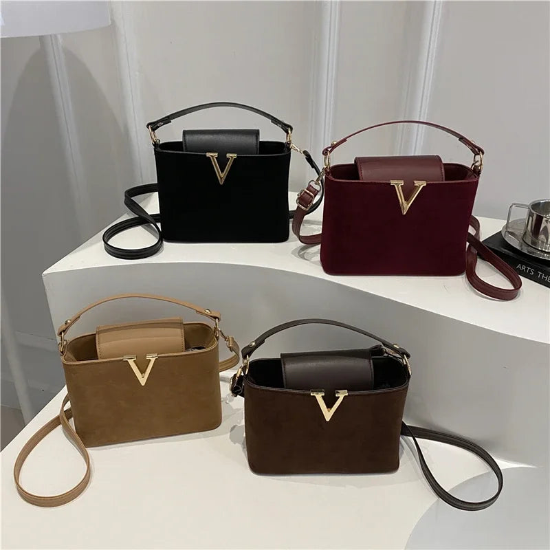Fashionable mini suede bag for women, faux suede tote bag, decorative handbag with locking buckle, shoulder bags 