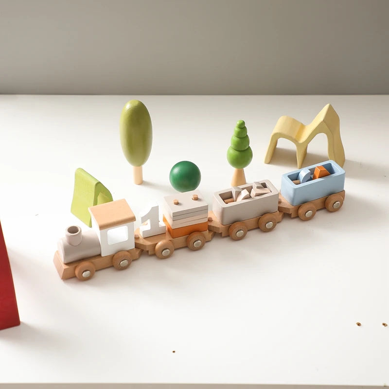 Jouets Montessori Train en bois jouet d'anniversaire bébé jouets éducatifs chariot en bois bébé jouets d'apprentissage nombre de bois bébé jouets cadeaux