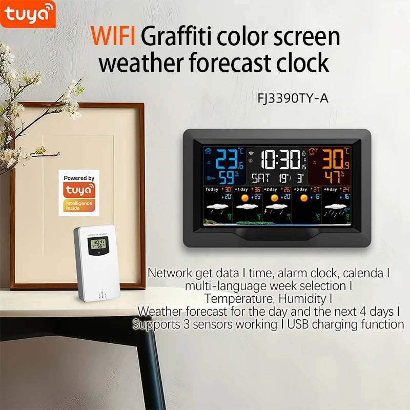 Tuya WIFI Station météo intelligente écran couleur APP contrôle météo réveil intérieur et extérieur température humidité mètre