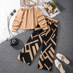 Ensembles de vêtements pour enfants pour filles, kaki, épaules dénudées, haut à manches longues et pantalon imprimé à rayures, costumes pour enfants de Style station d'été OOTD