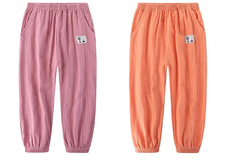 Pantalons pour enfants pour garçons et filles, en coton et lin, taille élastique, couleur unie, pantalons moustiques d'été, vêtements pour enfants, pantalons longs 100-160cm