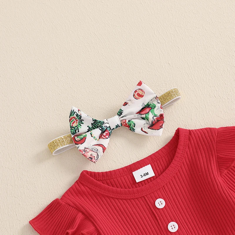 Ensemble pantalon de noël pour bébés filles, barboteuse côtelée à manches longues, imprimé père noël oiseau, pantalon évasé, bandeau