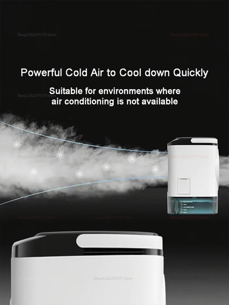 Mini portable desktop air cooler fan, quiet operation, equipped with a spray humidifier, ideal for cooling and hydrating, for the office and home.