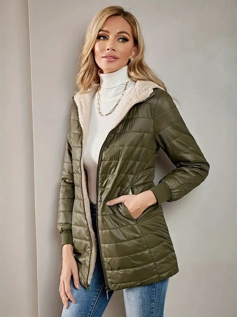 Women's fleece-lined cotton jacket, warm top, loose fit, lightweight, hooded, cotton coat, street style, trendy, autumn/winter