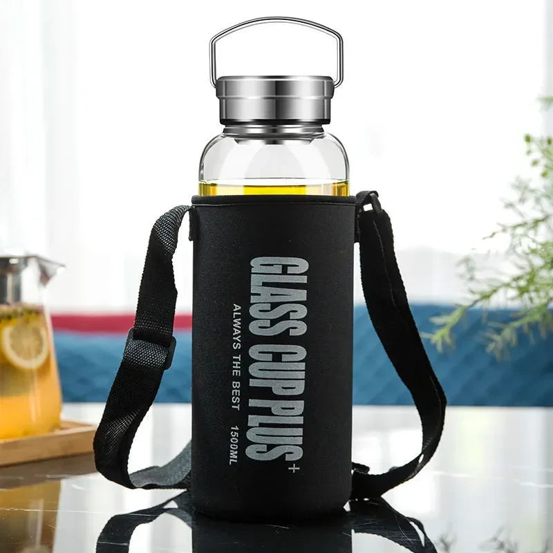 Bouteille d'eau en verre de 2L avec sangle, bouteilles d'eau de Sport, voyage en plein air, verres portables étanches, bouteille de thé en verre avec infuseur