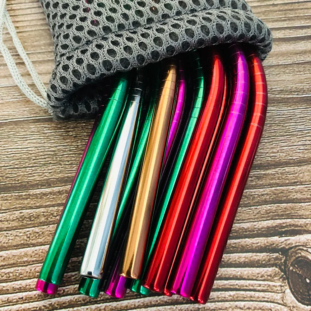 Paille à boire réutilisable en acier inoxydable 304, paille métallique droite et courbée avec pochette pour brosse de nettoyage, vente en gros