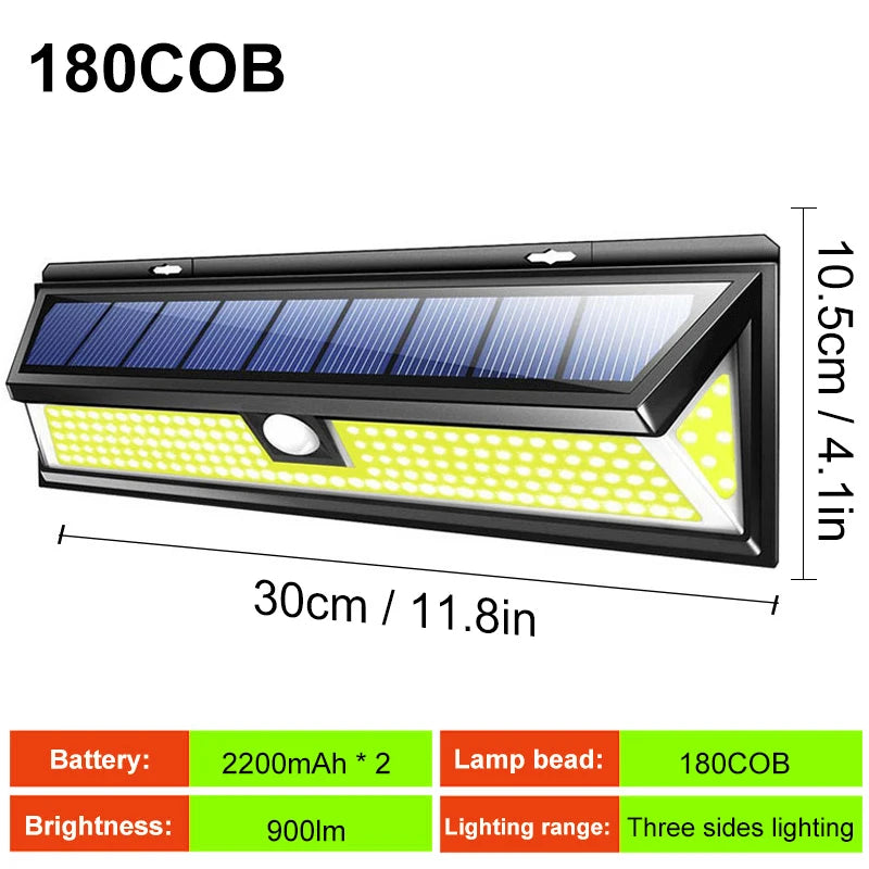 180 COB Outdoor Solar Lights, Solar LED Wall Light, Motion Sensor, Waterproof, 3 Modes, Super Bright for Garden, Front Door, Driveway, Garage