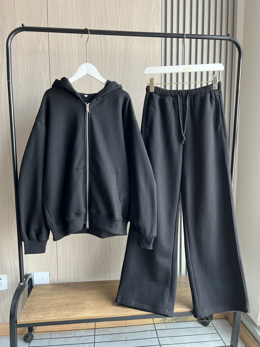ETJ 2025 automne/hiver nouveau sport décontracté pour femmes surdimensionné sweat à capuche avec fermeture éclair jambe large vadrouille pantalons de survêtement ensemble 4174842