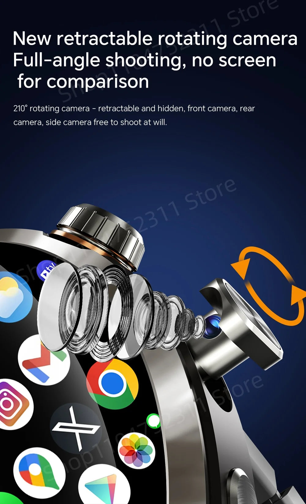 Smartwatch avec grand écran Amoled 1,98 pouces 210 °   Caméra rotative GPS Position surveillance de la santé Android 13.0 montre intelligente hommes