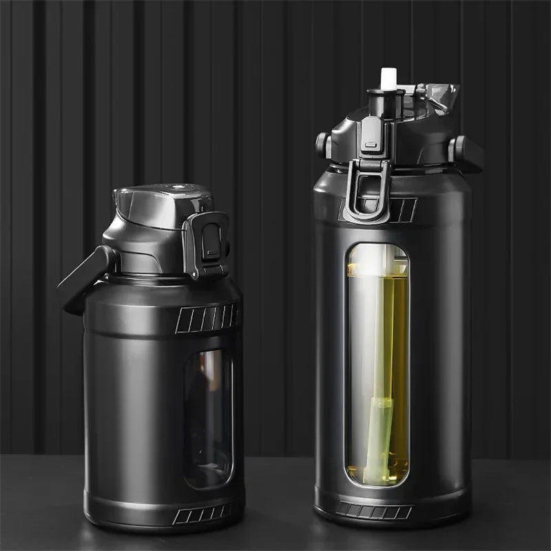 Large capacity 2L glass water bottle with removable straw, high borosilicate glass water bottle with carrying handle for gym