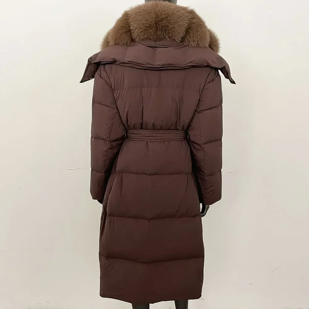 Veste d'hiver chaude et élégante pour femme, avec ceinture à capuche, simple boutonnage, col en vraie fourrure de renard, manteau épais et ample en duvet de canard blanc