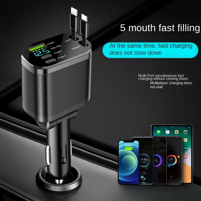 Chargeur de voiture, chargeur de voiture avec câble rétractable, PD de voiture, charge rapide de voiture, charge super rapide, charge flash, cig cinq en un