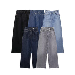 Jeans asymétriques à taille haute et à jambes larges pour femmes nouveaux modèles de base mode polyvalente pantalons droits pantalons