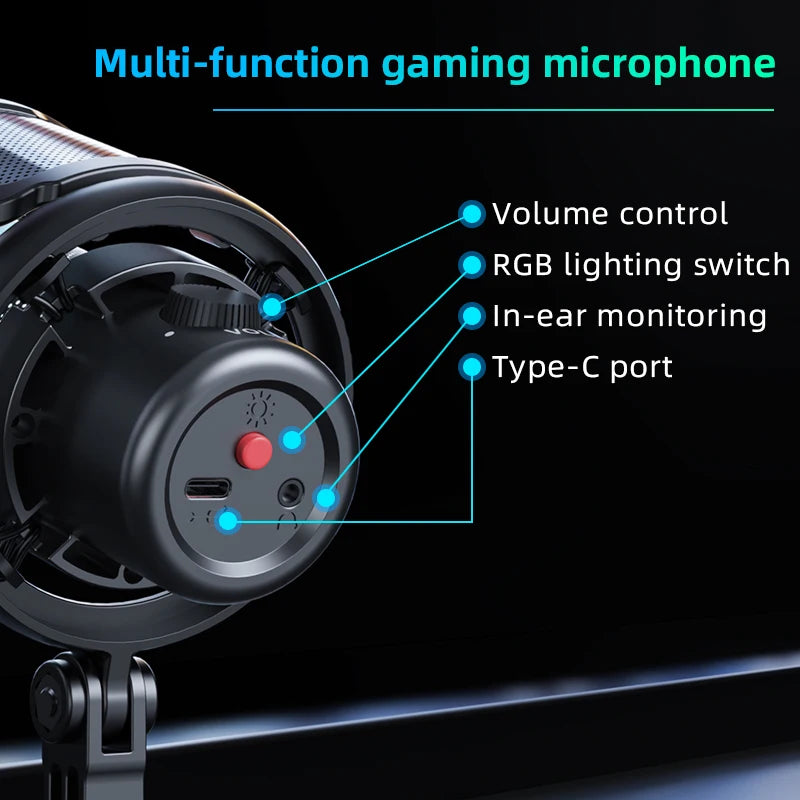 Microphone USB pour PC, Microphone de jeu RGB avec sortie casque et bouton tactile muet, suppression du bruit pour l'enregistrement de Streami