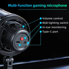 Microphone USB pour PC, Microphone de jeu RGB avec sortie casque et bouton tactile muet, suppression du bruit pour l'enregistrement de Streami