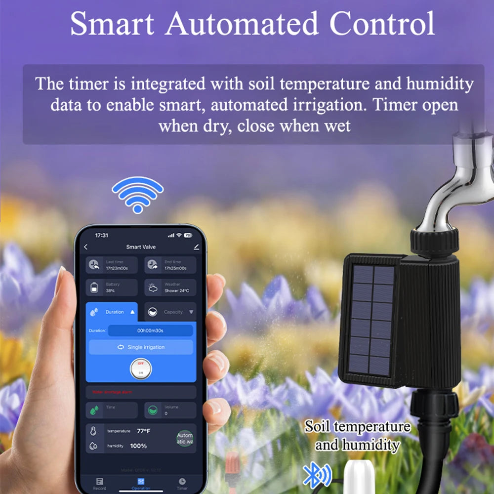 Tuya Smart WiFi Watering Timer, Solar Powered Drip Irrigation System, Built-in Water Flow Recorder, Water Controller