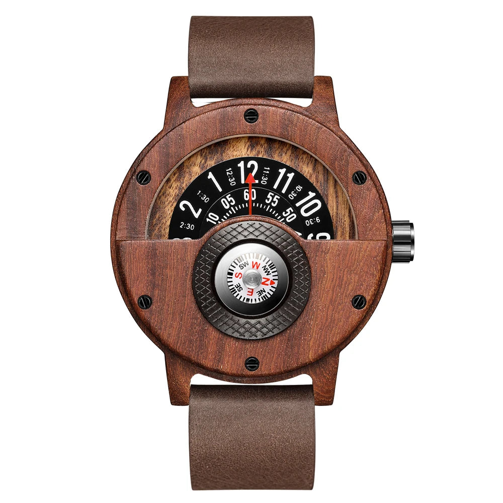 Montre en bois naturel pour hommes, Table rotative, cadran boussole, véritable bois de noyer, ébène, bambou, Concept marron, montre à Quartz