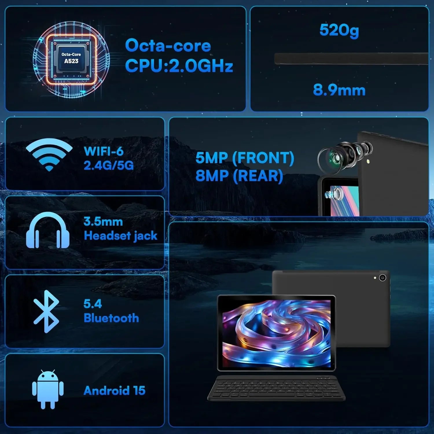 Tablette Android 15 A523, 10 pouces, 8 cœurs, 24 go + 128 go, extension 1 to, WiFi 6, 5mp + 8mp, stylet, clavier, souris, casque, PC, ensemble de coussinets