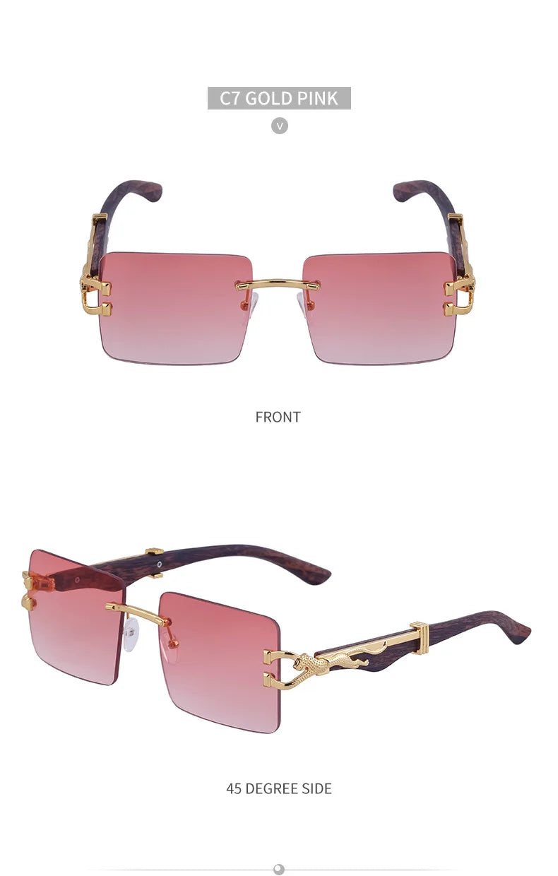 Frameless square wooden sunglasses for men and women, vintage, fashionable, luxury, retro, 2023