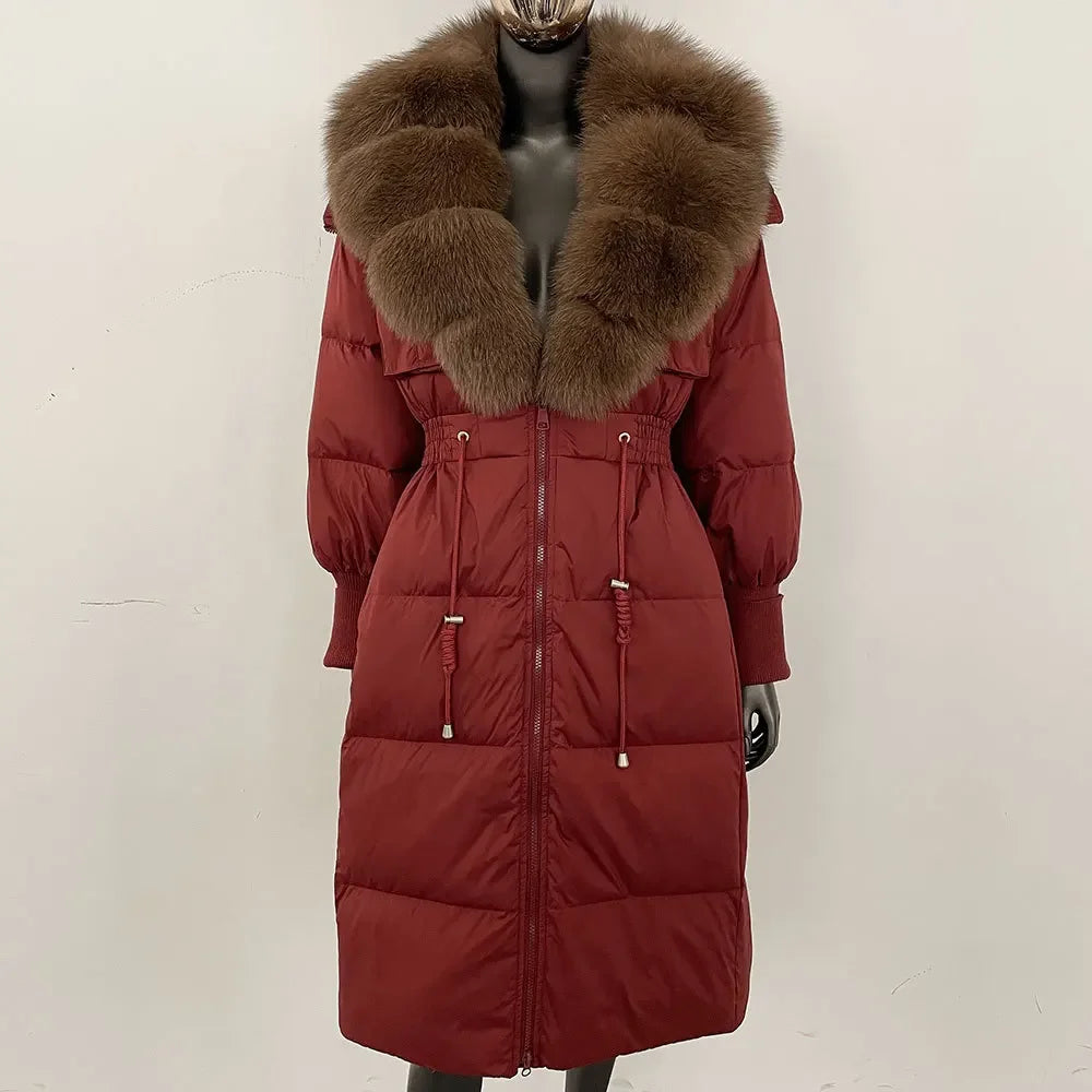 Doudoune longue avec col en fourrure pour femme, pardessus en fourrure de renard, longueur aux genoux, à la mode, chaude, cintrée à la taille, vêtements d'extérieur amincissants