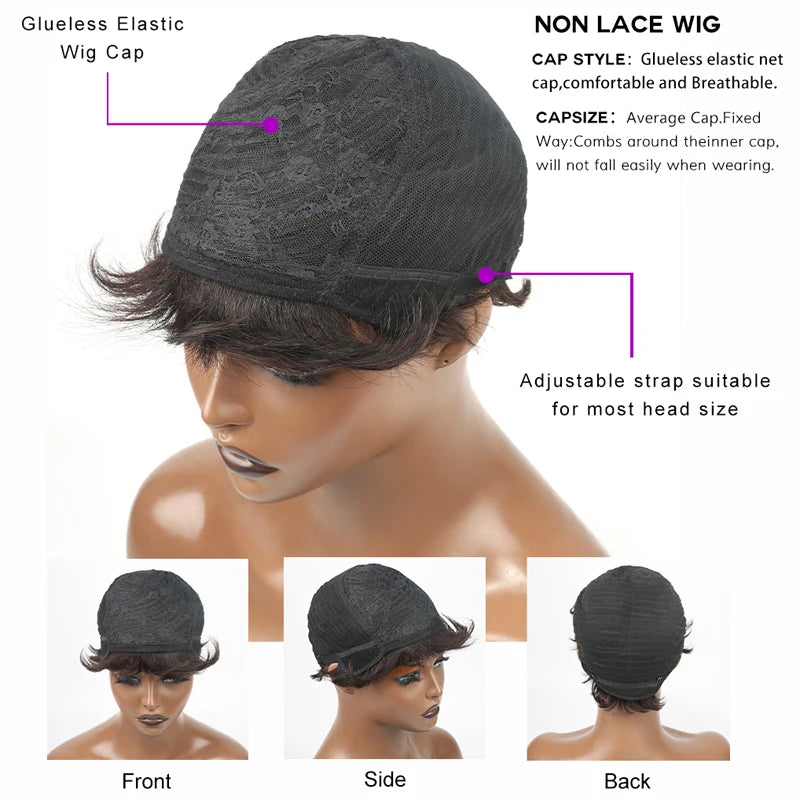 Cheap short human hair wigs, bob pixie cut human hair wig for women, Brazilian hair human hair wig, colored wig with bangs