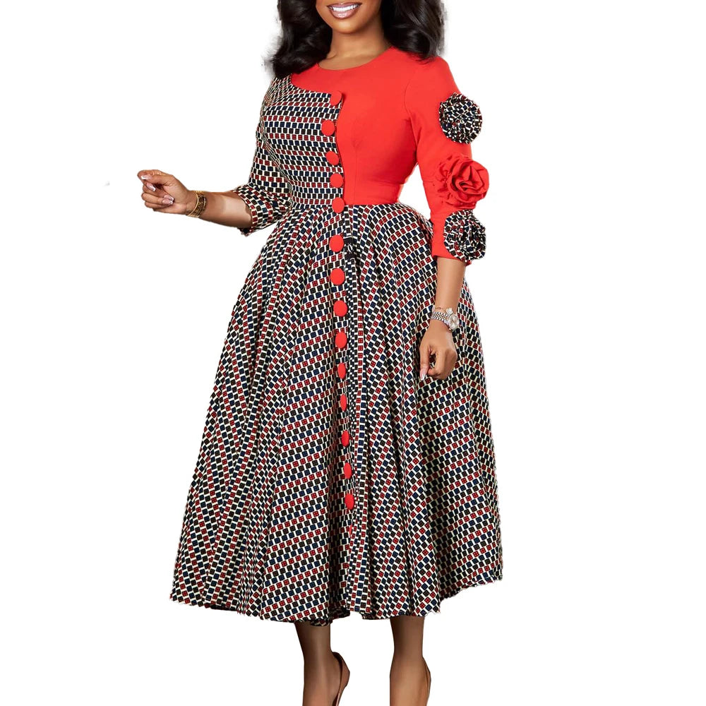 Robes élégantes pour femmes, mode africaine, manches 3/4, fête d'anniversaire, nouvelle Robe Chic à carreaux de fleurs 3D, Robe de soirée trapèze, automne 2025