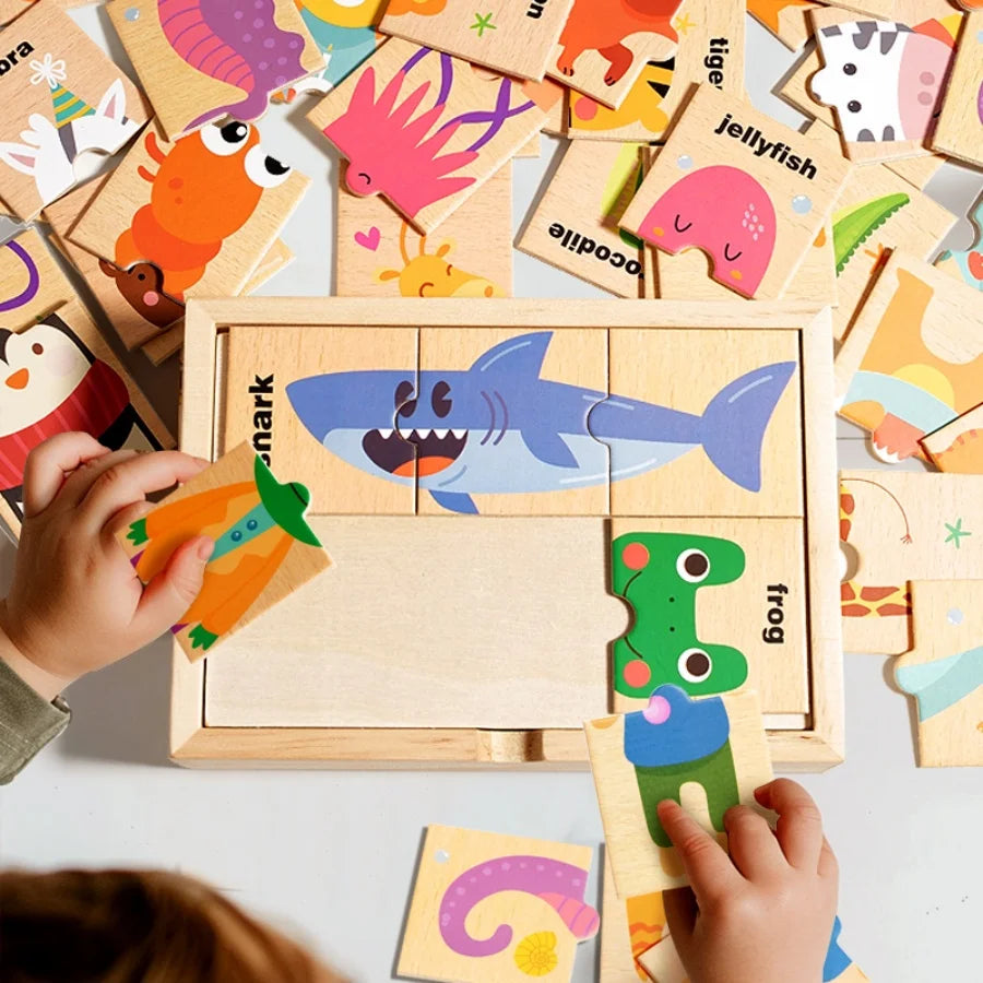 Puzzle assorti en forme d'animal de dessin animé pour enfants, planche de puzzle de cognition de mots anglais pour l'éducation précoce des bébés, jouet en bois