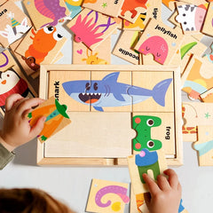 Puzzle assorti en forme d'animal de dessin animé pour enfants, planche de puzzle de cognition de mots anglais pour l'éducation précoce des bébés, jouet en bois