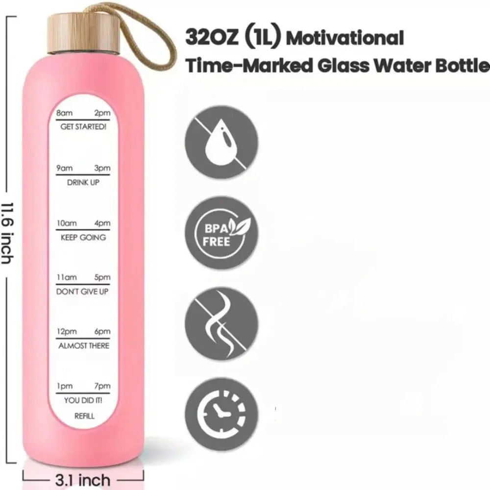 Nouveau 32oz 1L bouteilles d'eau en verre marqué dans le temps couvercle en bambou sans plomb motivation Sport manchon en Silicone bouteille de boisson Portable cadeau