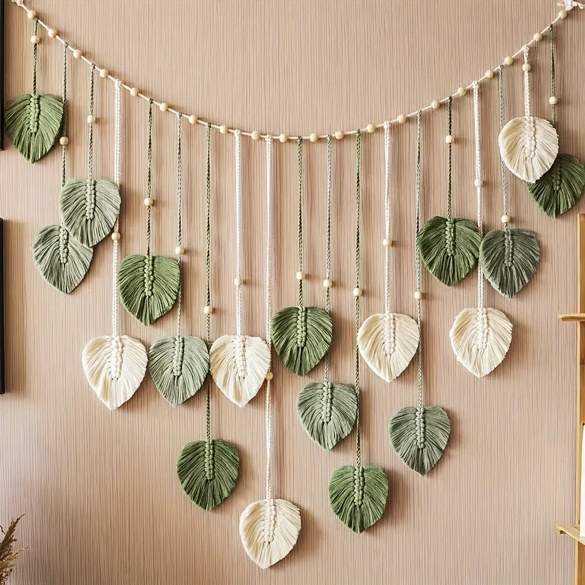 Modern woven wall art, beautiful room decoration, green leaves hanging on the walls, bohemian style, feather, Ramadan Easter gift