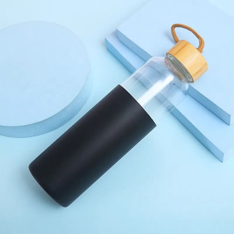 Bouteille d'eau en verre de 500ml, avec manchon en Silicone résistant à la chaleur, petite bouche, bouteilles portables anti-fuite avec poignée