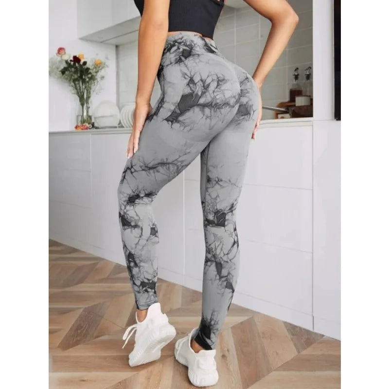 Leggings taille haute sans couture pour femmes, teinture par nouage, Fitness, sport, course à pied, pantalons de Yoga, levage des hanches, collants tricotés élastiques