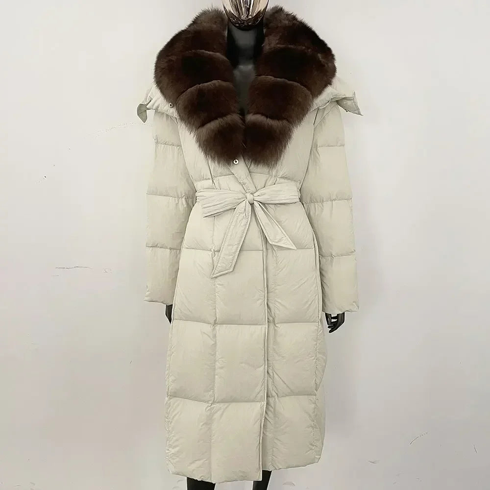 Veste d'hiver chaude et élégante pour femme, avec ceinture à capuche, simple boutonnage, col en vraie fourrure de renard, manteau épais et ample en duvet de canard blanc