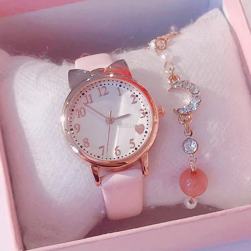 Nouvelle mode enfants amour cadran numérique enfants montre ensemble bracelet en cuir montres à Quartz enfant filles horloge enfants cadeau montre (sans boîte)