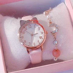 Nouvelle mode enfants amour cadran numérique enfants montre ensemble bracelet en cuir montres à Quartz enfant filles horloge enfants cadeau montre (sans boîte)