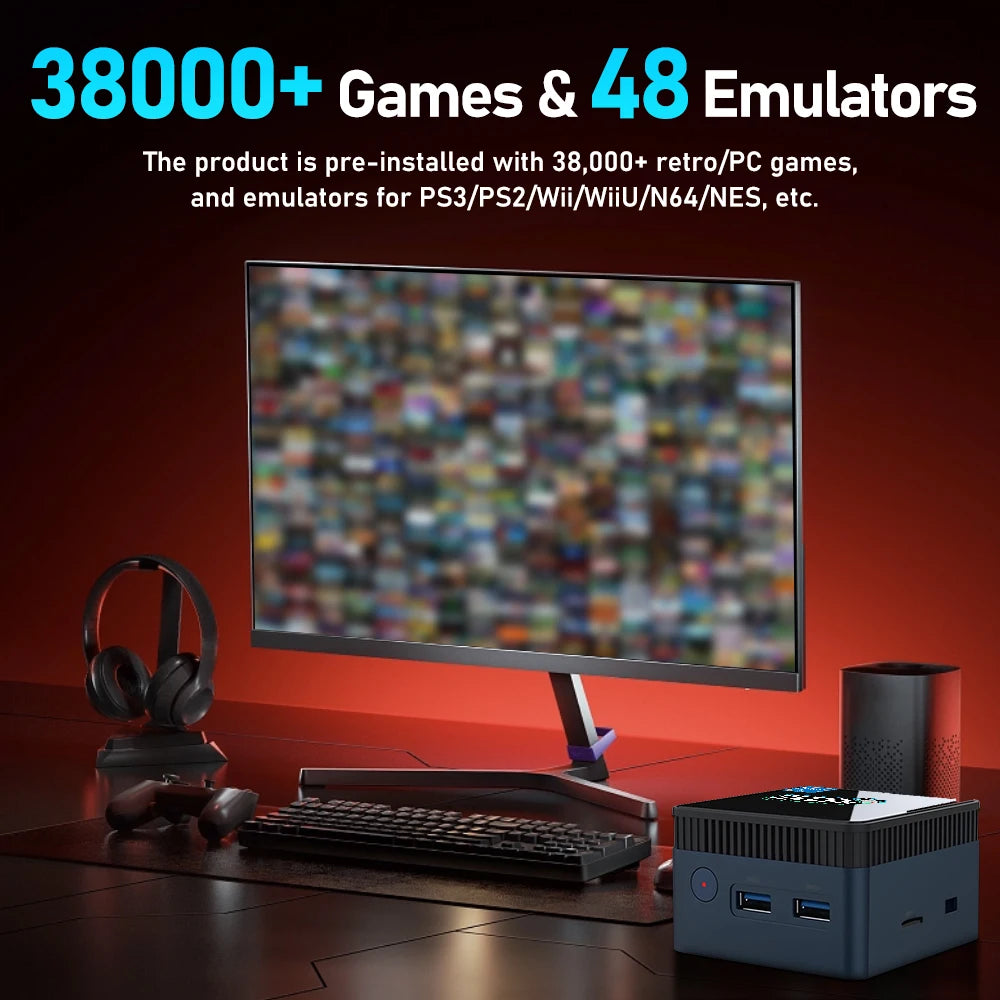 Mini PC avec plus de 38000 jeux et 48 émulateurs, Console de jeu pour PS3/PS2/Wii/WiiU/N64/NES/NDS Windows 11, Retrobat et Playnite N100