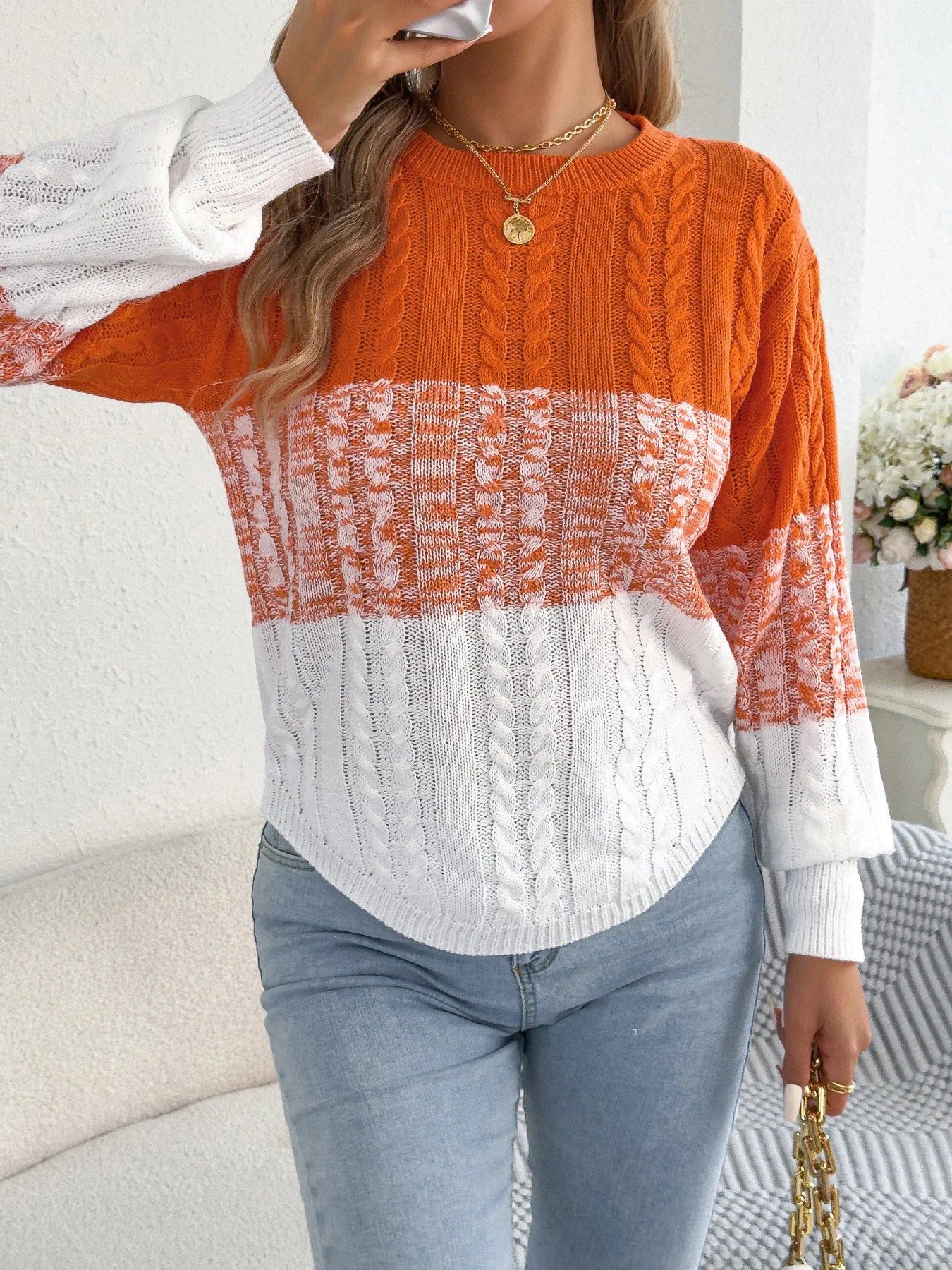 Femme décontracté couleur bloc rayé pull col rond lanterne à manches longues torsion tricoté hauts pour 2025 automne hiver femmes vêtements