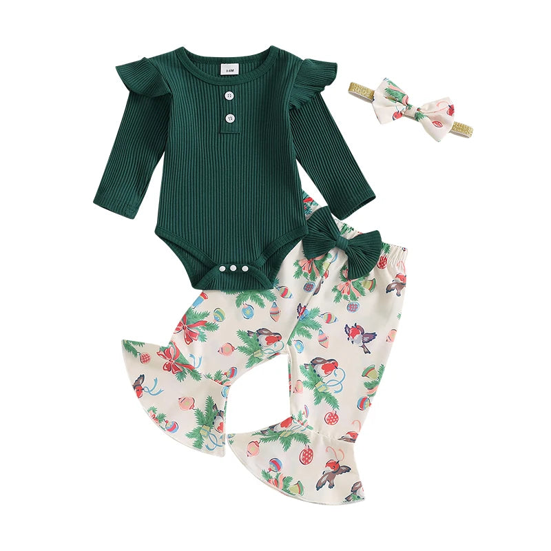 Ensemble pantalon de noël pour bébés filles, barboteuse côtelée à manches longues, imprimé père noël oiseau, pantalon évasé, bandeau
