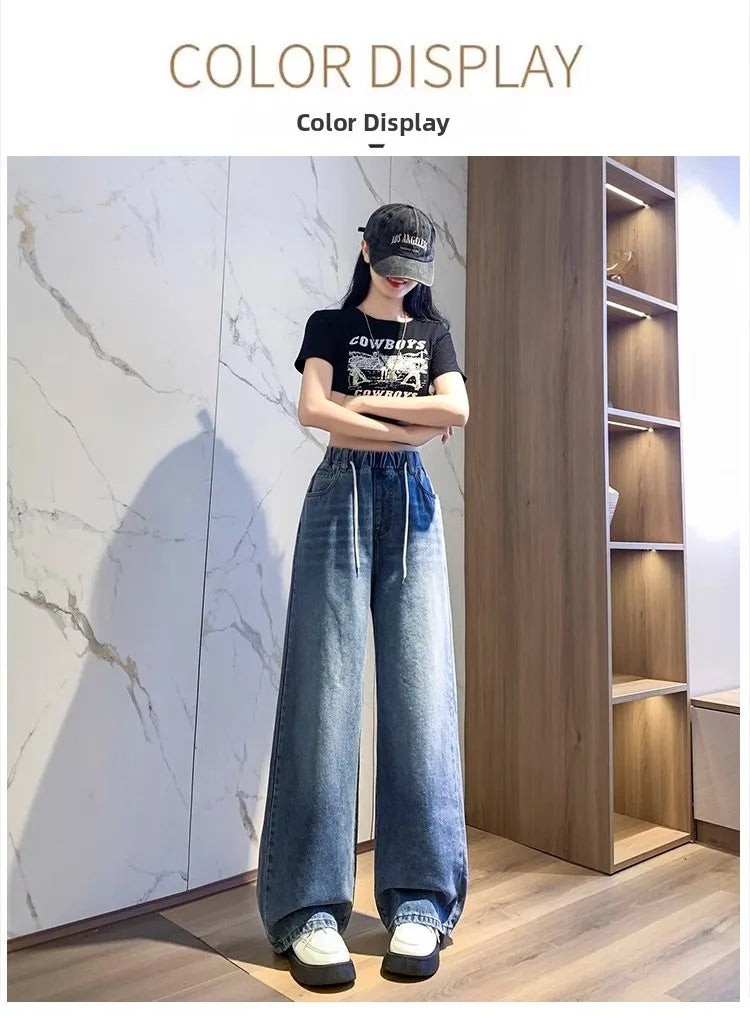 Jean ample à jambes larges, taille haute, bleu clair, grande taille, taille élastique, pantalon Dstring, pantalon Long amincissant