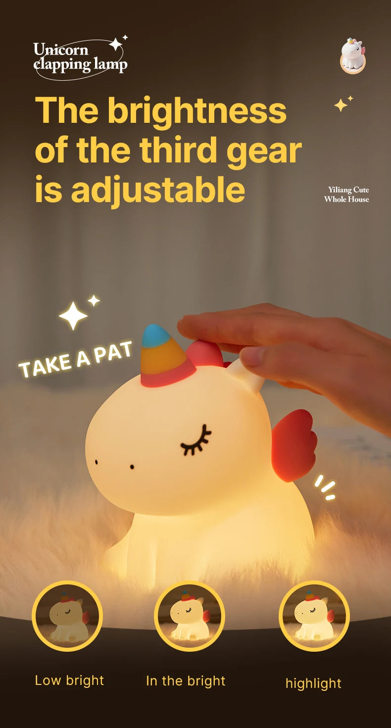 Veilleuse licorne mignonne en Silicone pour enfants, veilleuse LED à intensité variable, lampe licorne Squishy, lampe de chevet Rechargeable