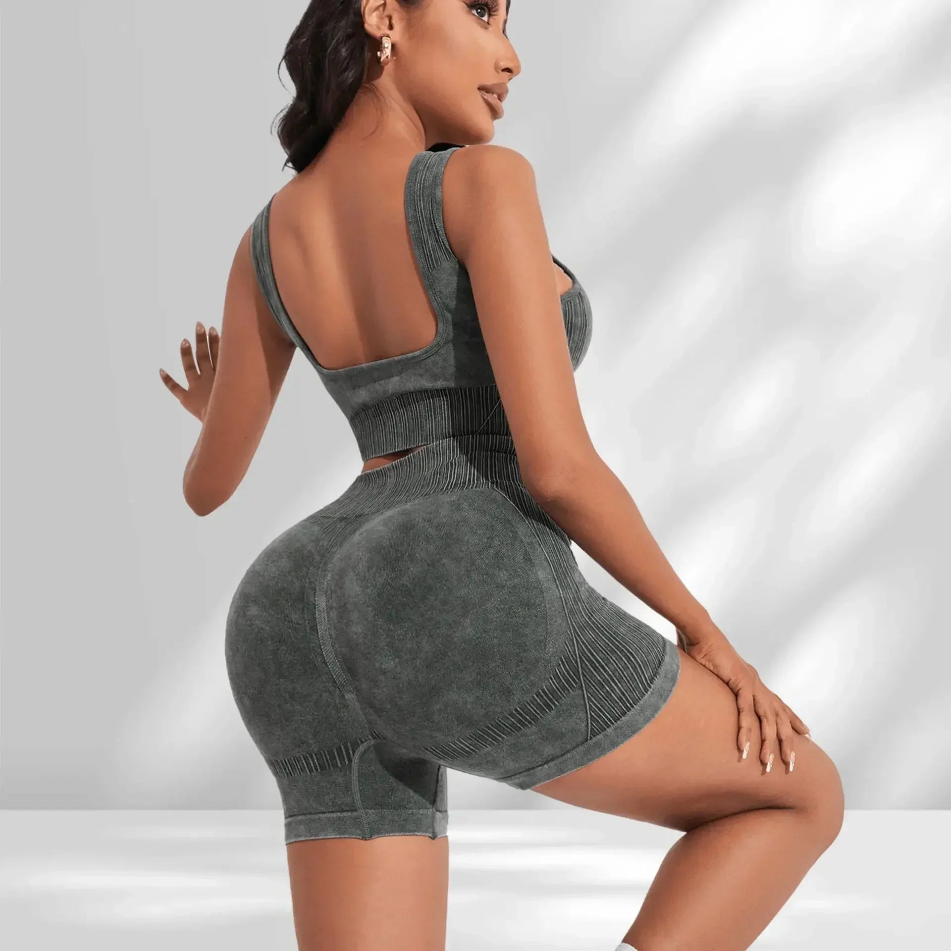 Ensemble de yoga taille haute sans couture pour femme, short de course, soutien-gorge de sport antichoc, séchage rapide, entraînement de fitness, trempé, 2 pièces