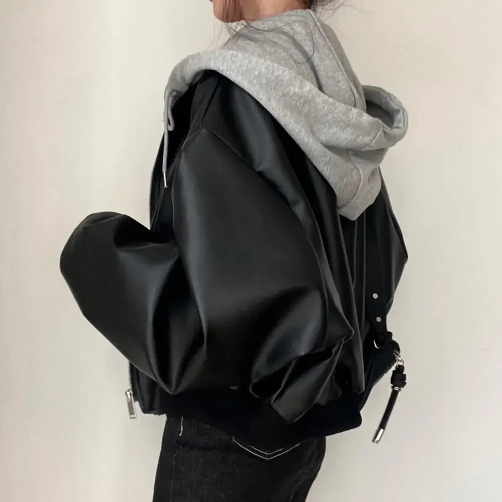 Women's Two-Piece PU Faux Leather Hooded Jacket, Short, Vintage, Casual, Fashionable, Spring/Autumn 2025