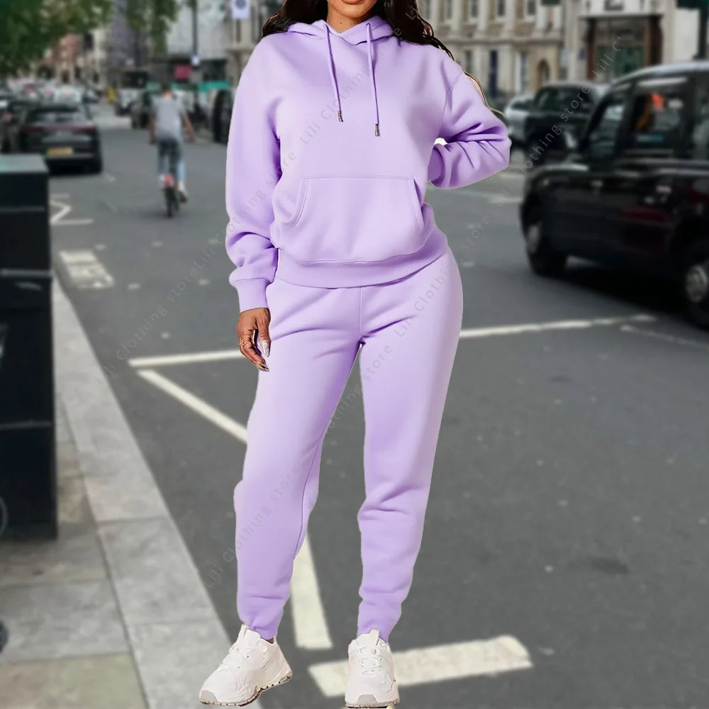Ensemble deux pièces à capuche et pantalon pour femme, basique, vierge, automne-hiver, sweat-shirt surdimensionné, coupe ample, survêtement féminin