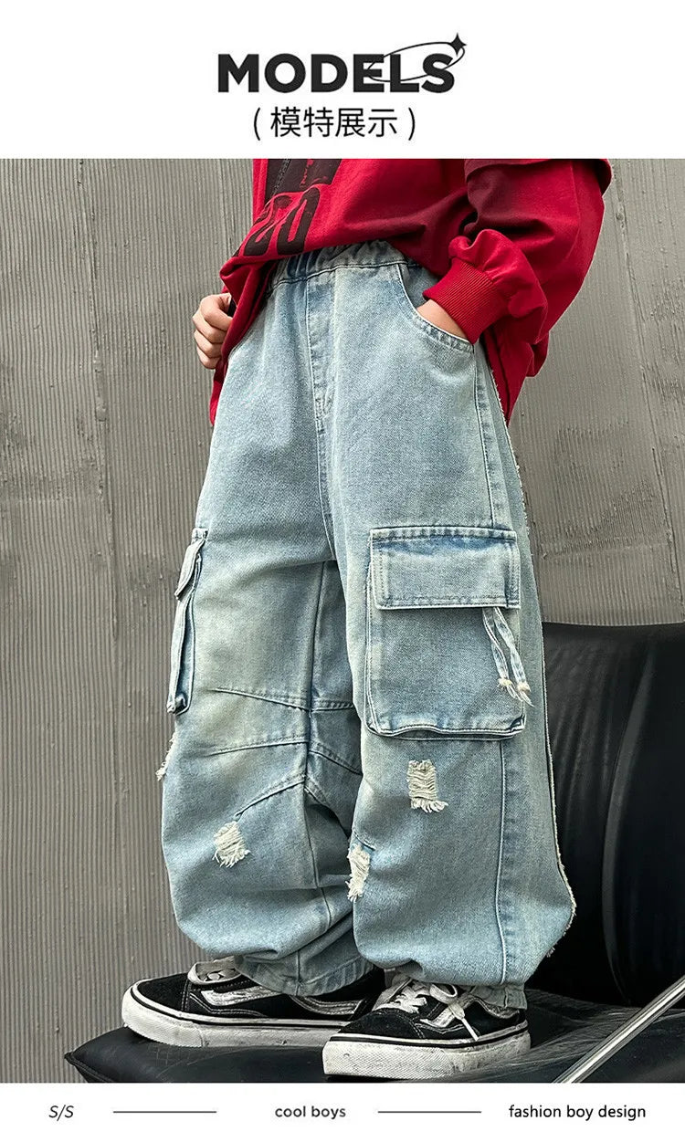 Adolescents garçons Hip Hop Streetwear vêtements de travail jean printemps automne 2025 nouveau Style enfants beau à la mode déchiré pantalon à jambes larges